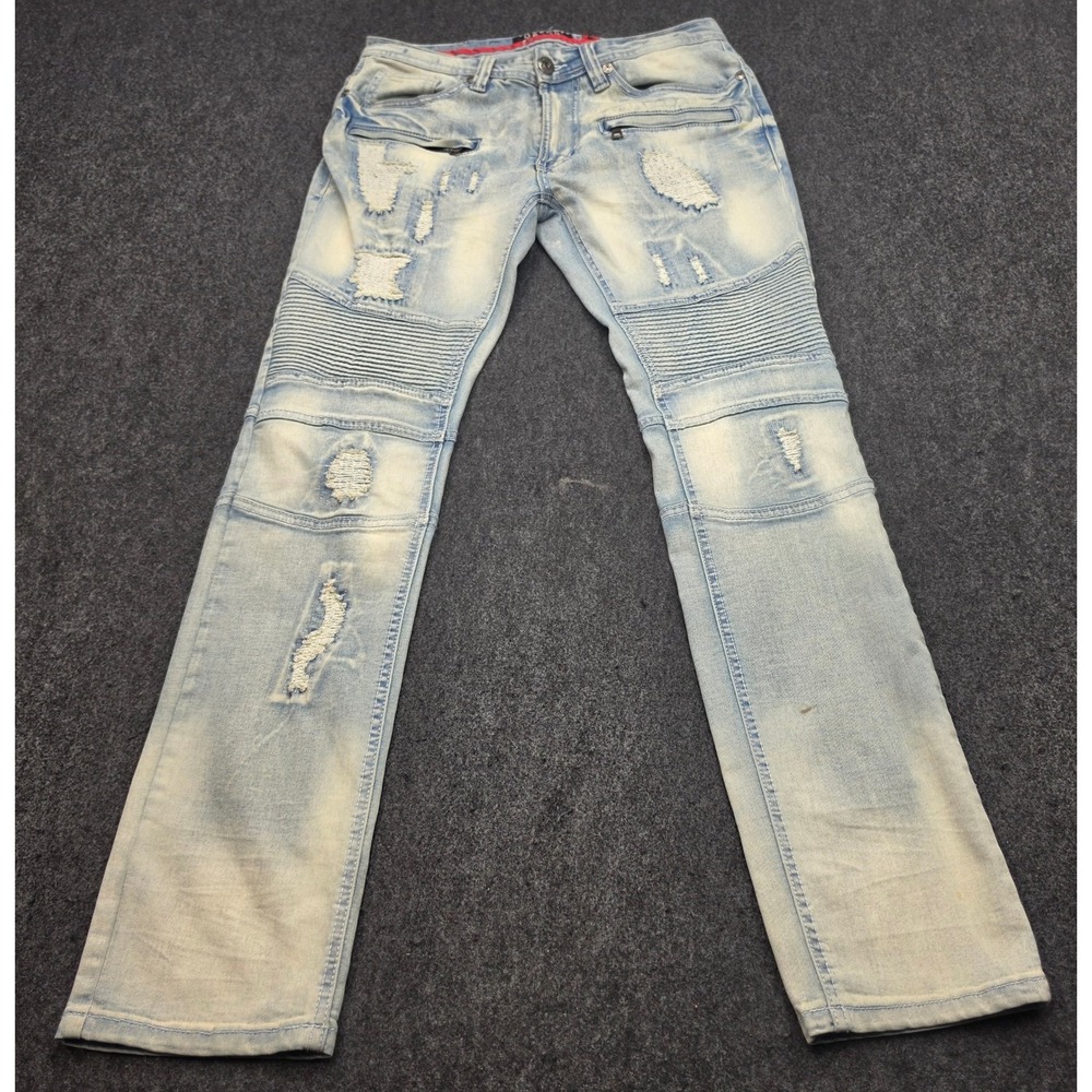 Makobi Biker Jeans Men 32x32 Light Wash Distressed Moto Denim M1786